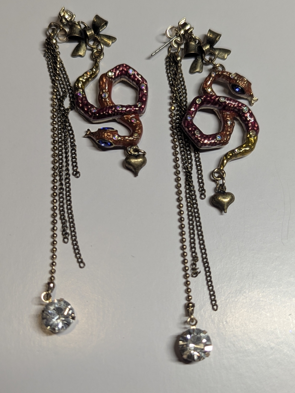 Betsey Johnson Pink and Gold Snake Drop Earrings with Crystal Tassels
